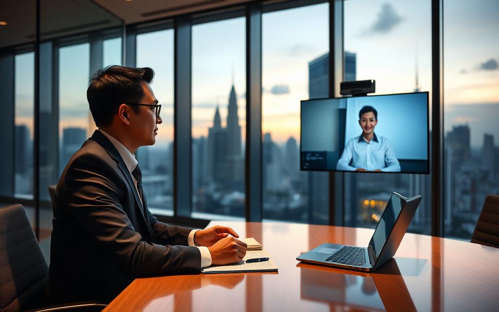 Professional practising business English on a video call