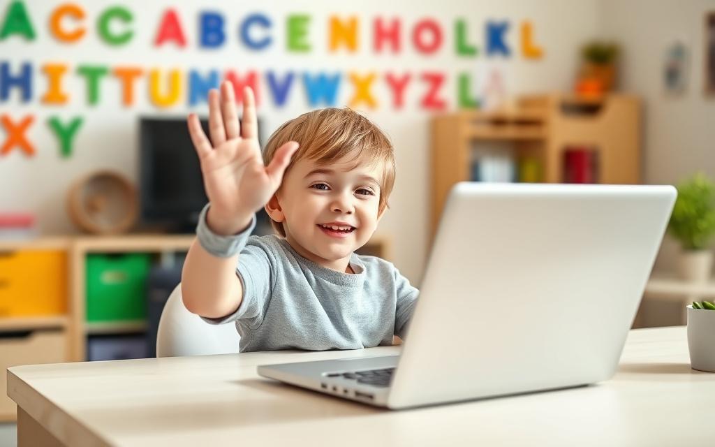 Child enjoying an online English class