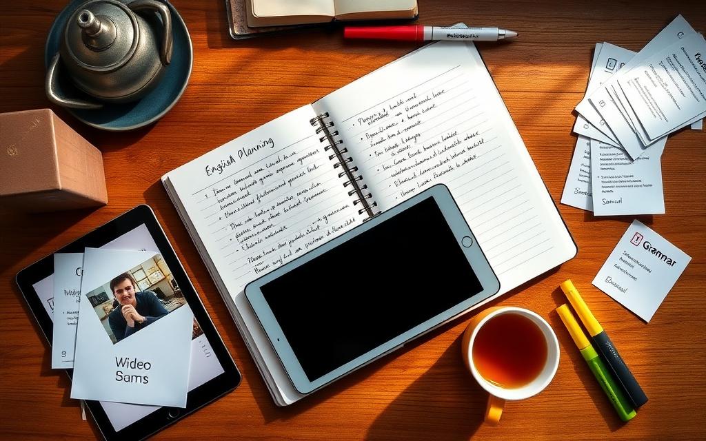 English study plan notebook beside a tablet lesson