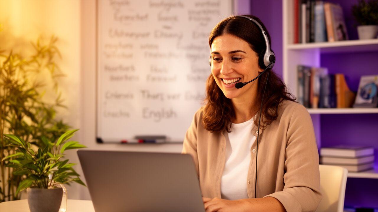 Native English tutor teaching a live online lesson