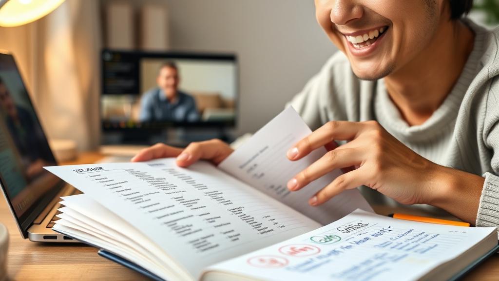 Learner reviewing a handwritten English vocabulary notebook