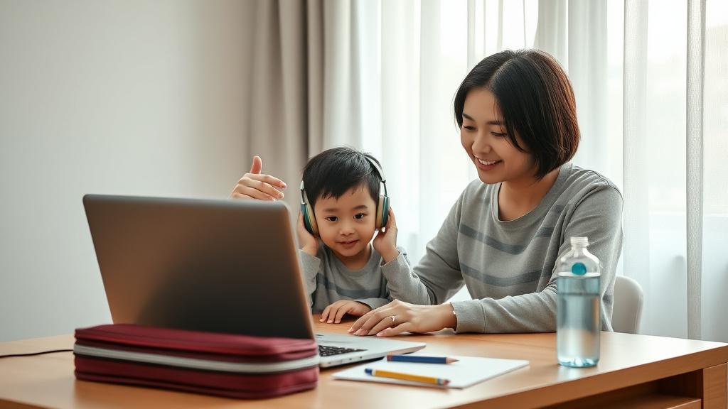 Parent helping a child prepare for an online class